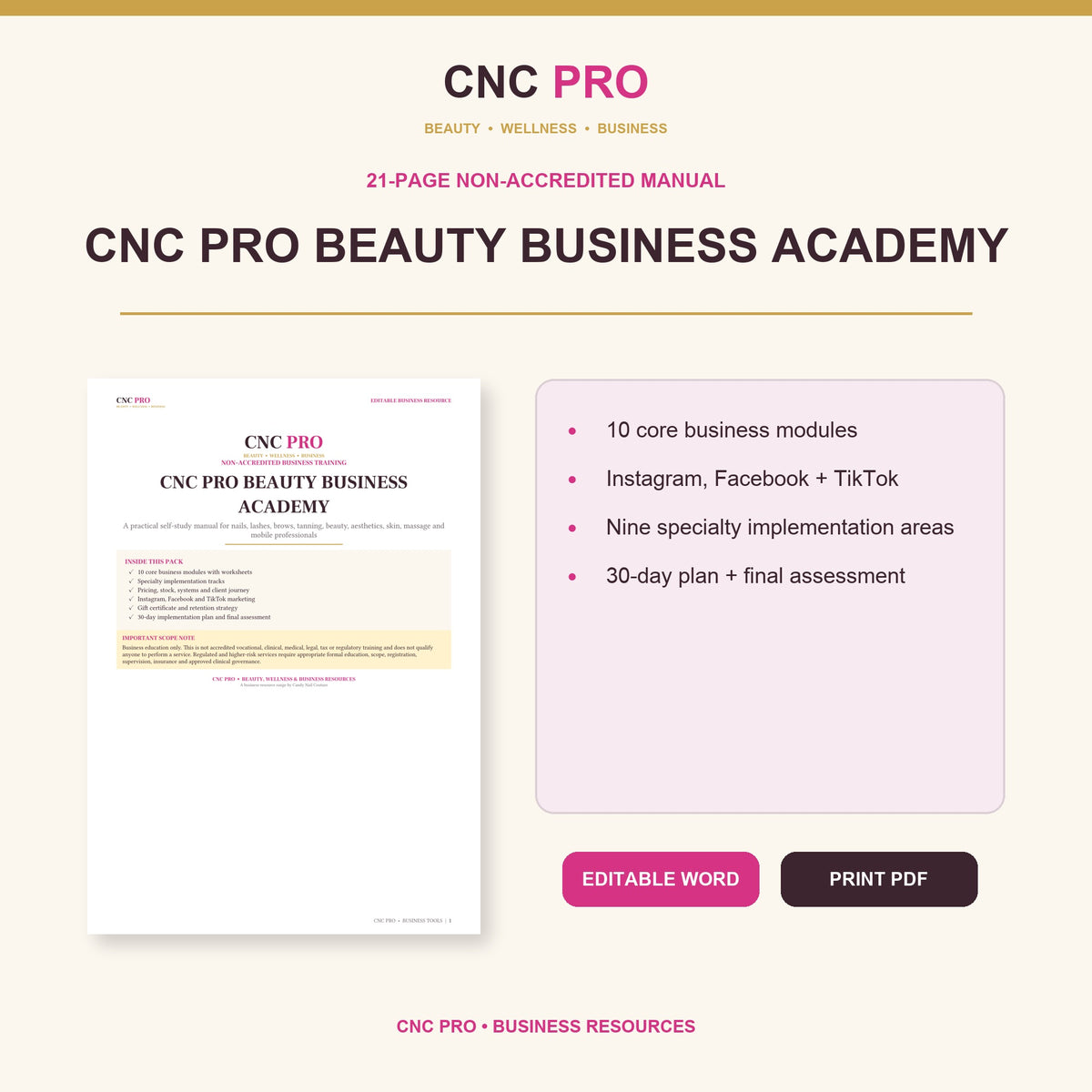 CNC PRO Beauty Business Academy | 21-Page Self-Study Business Manual for Beauty Pros