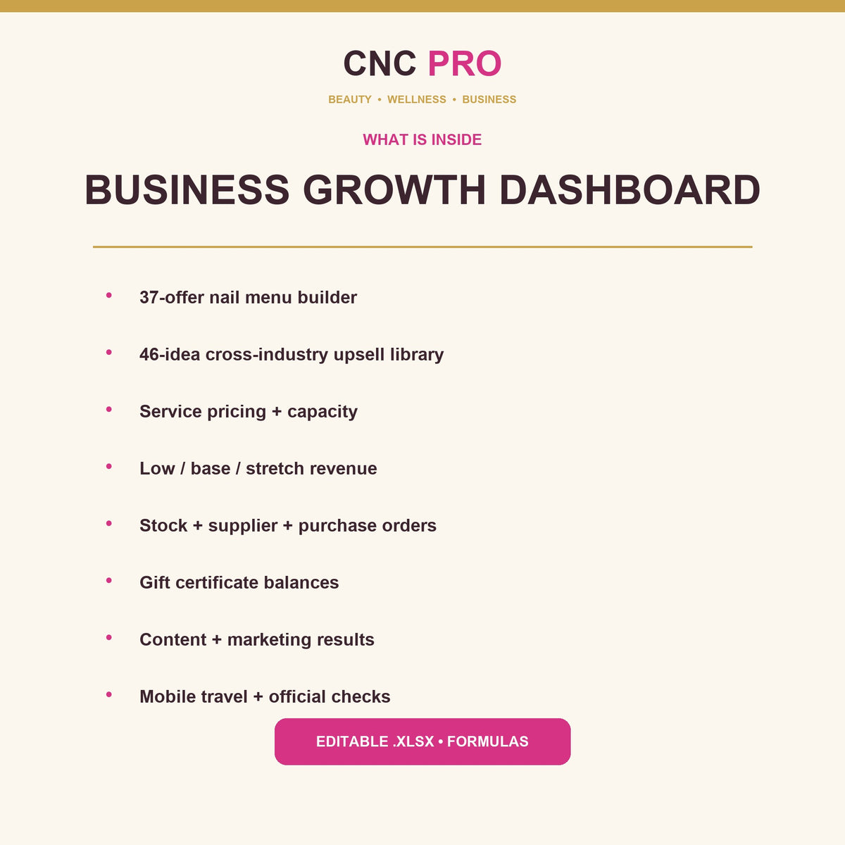CNC PRO Business Growth Dashboard | 14-Sheet Excel Planner for Salon & Beauty Pros