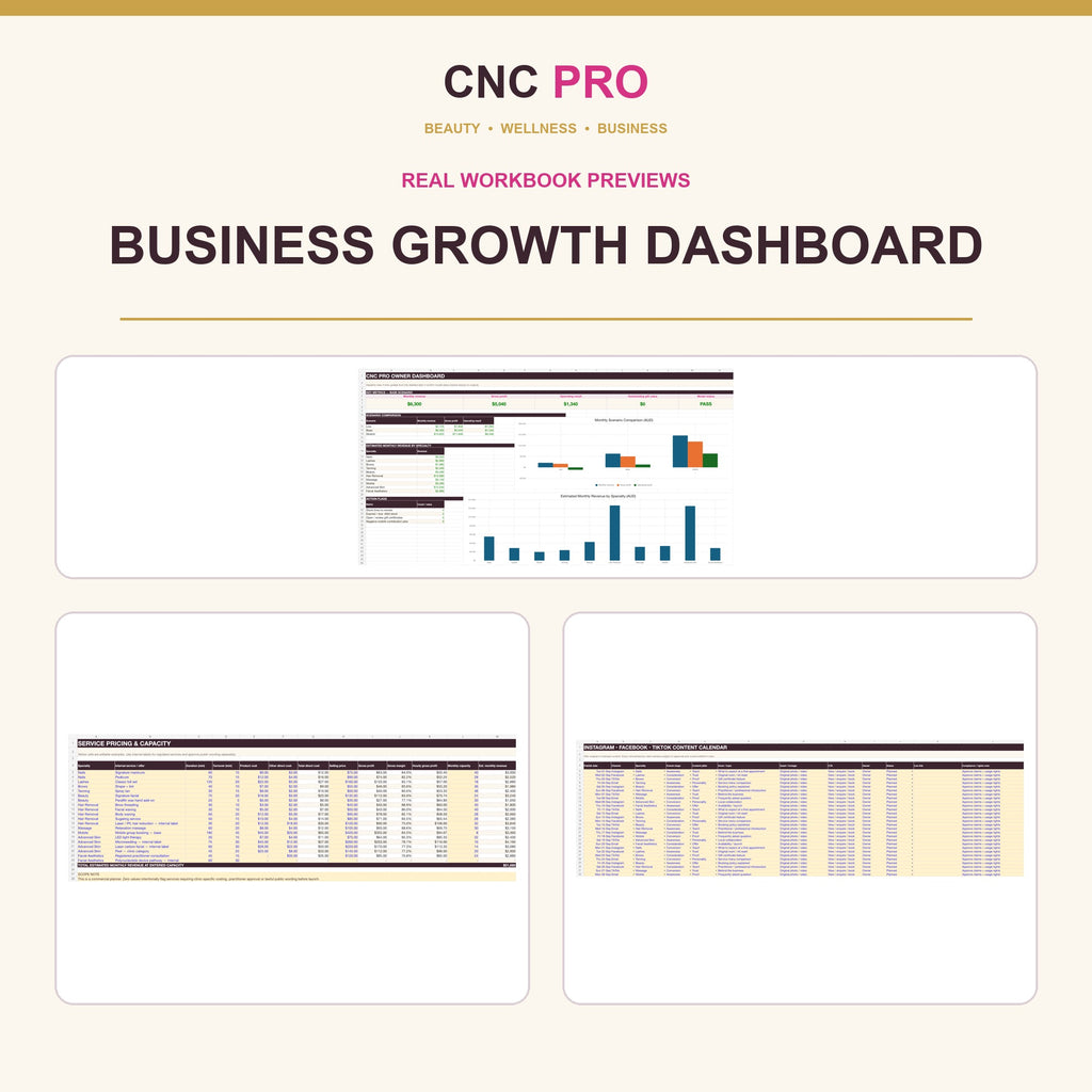 CNC PRO Business Growth Dashboard | 14-Sheet Excel Planner for Salon & Beauty Pros