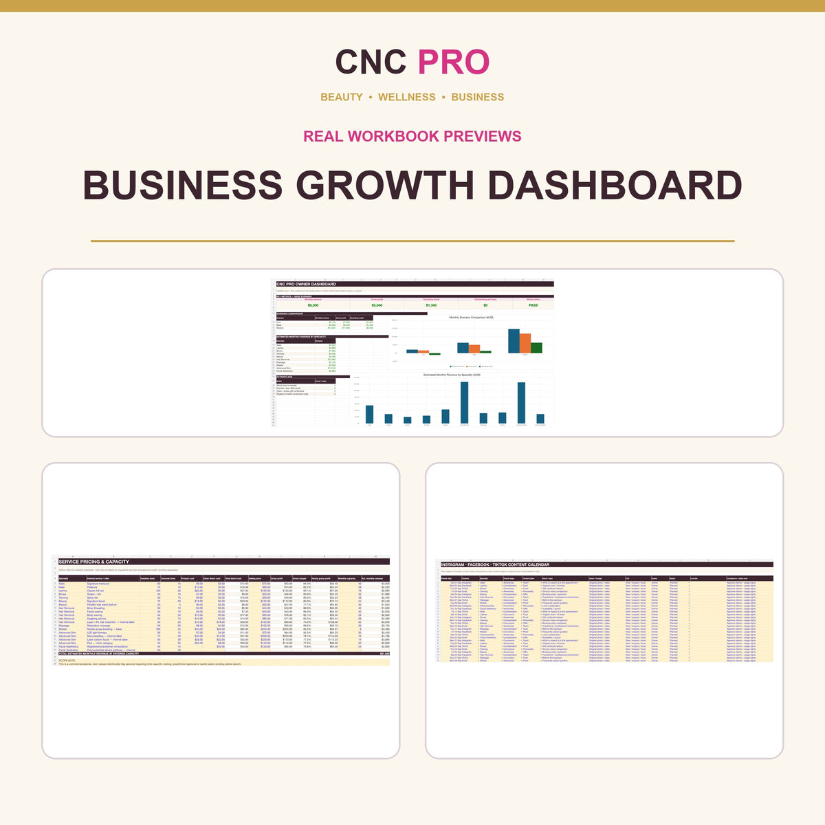 CNC PRO Business Growth Dashboard | 14-Sheet Excel Planner for Salon & Beauty Pros